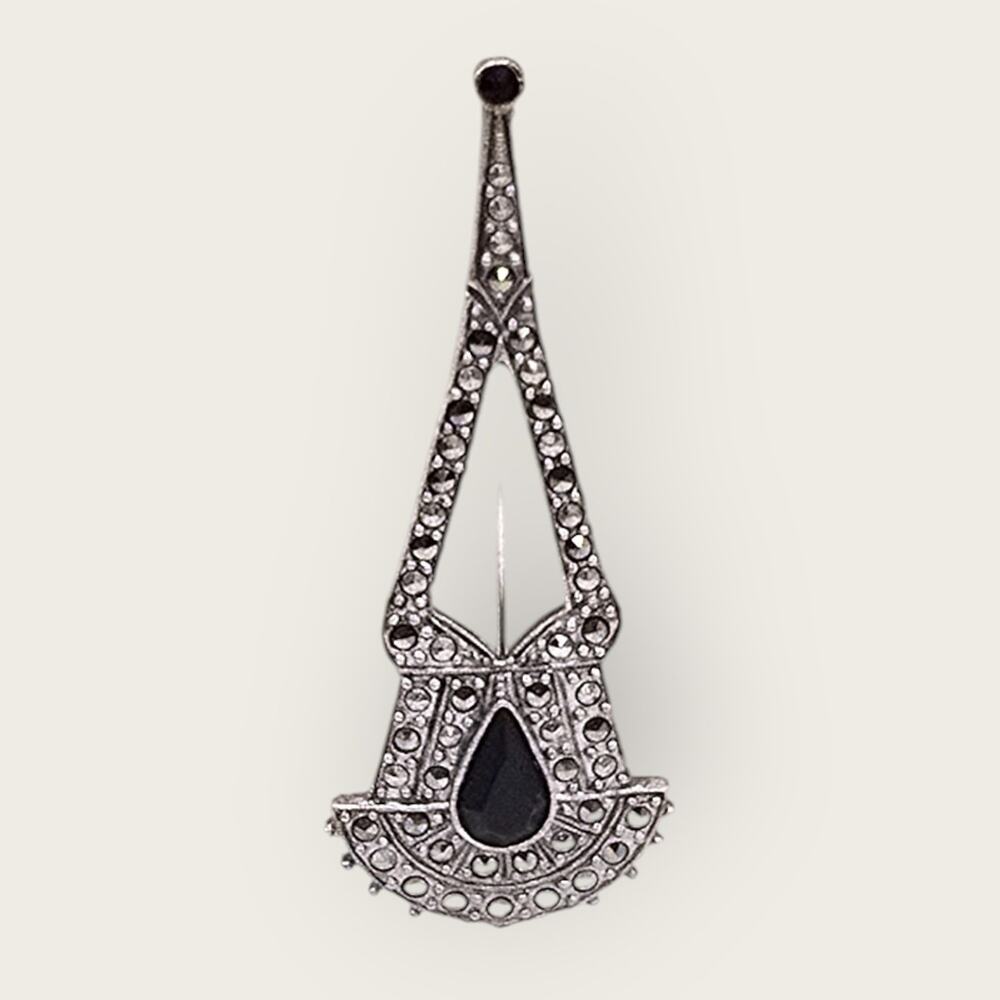 Art Deco Marcasite & Black Glass 1928 Brooch – Long Drop Fan Design